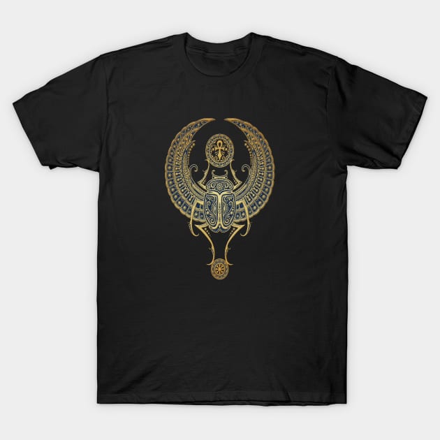 Golden Blue Winged Egyptian Scarab Beetle with Ankh T-Shirt by jeffbartels